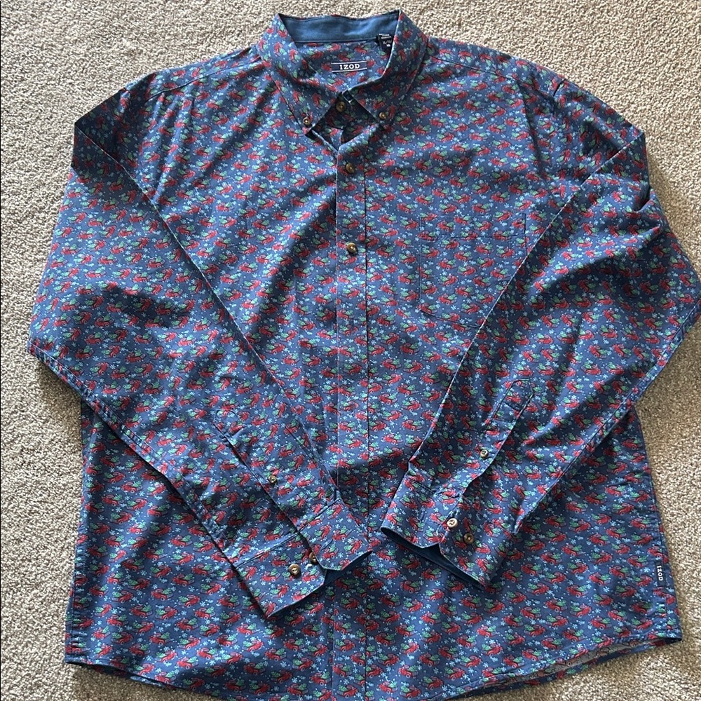 Izod Men's Navy and Red Patterned Shirt. Perfect Condition